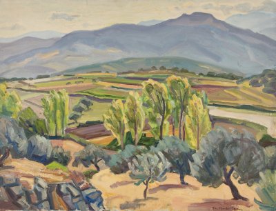 Daulia Landscape with Trees and Mountain Background — Oil painting, Canvas, 50.00×65.00cm — Theodoros Markellos